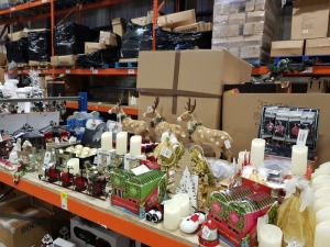 APPROX 150 + PIECE ASSORTED BRAND NEW PREMIER CHRISTMAS LOT CONTAINING SCENTSICLES SCENTED SPRIGS, STANDING REINDEER ORNAMENTS, FLAME EFFECT FIRE PLACE LANTERN, QUALITY GLASS BAUBLES, LIGHT UP PRESENTS, LED CANDLES, GLASS CANDLE HOLDERS, 30CM NATURAL STAR
