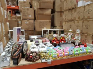 APPROX 130 PIECE ASSORTED BRAND NEW PREMIER CHRISTMAS LOT CONTAINING STANDING NUT CRACKER, CANDLES, LED CANDLES, CHRISTMAS MUSIC BOX, STANDING SNOWMAN, WOODEN CHRISTMAS SCENES, CHRISTMAS ORNAMENTS, LIGHTS, SET OF 3 FLICKERING CANDLES, VARIOUS HOUSE AND TR