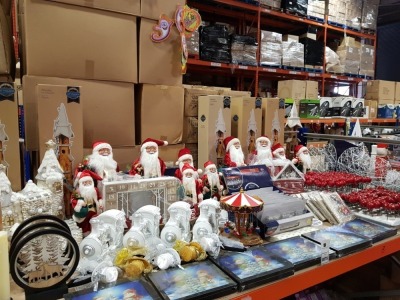 APPROX 150 PIECE ASSORTED BRAND NEW PREMIER CHRISTMAS LOT CONTAINING 70CM WOODEN LIT CHURCH, STANDING SANTA, WOODEN ADVENT CALENDARS, SNOW COVERED CASTLE, TRAIN ANIMATED MOVING SCENE, LED CANDLES, 40 LED STATIC/FLASHING MICRO BRIGHTS, APPLE ON A STICK, 3D