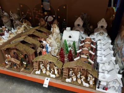 35 PIECE ASSORTED BRAND NEW PREMIER CHRISTMAS LOT CONTAINING ANIMATED LED VILLAGE SCENE, NATIVITY SETS, LARGE SNOW COVERED HOUSES, LIGHT UP CHRISTMAS TREE ORNAMENTS, ETC
