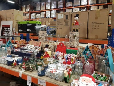 APPROX 100+ PIECE ASSORTED BRAND NEW PREMIER CHRISTMAS LOT CONTAINING GINGER BREAD HOUSE ADVENT CALENDAR, NOEL SIGNS, FLYING SANTA, GLASS CANDLE HOLDERS, 40 LED MICROBRIGHTS, VARIOUS TREE AND HOUSE DECORATIONS ETC - ON ONE SHELF