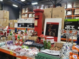 APPROX 120+ ASSORTED BRAND NEW PREMIER CHRISTMAS LOT CONTAINING LARGE NO.1 RED POST BOX, WOODEN ADVENT CALENDARS, 89CM LED REINDEER, CHRISTMAS IN THE AIR SPRAY, MINI SNOWGLOBES, 3D FOAM CHRISTMAS TRAIN, LARGE CANDLE HOLDERS, VARIOUS HOUSE AND TREE DECORAT