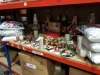 APPROX 150 PIECE ASSORTED BRAND NEW PREMIER CHRISTMAS LOT CONTAINING CHRISTMAS PILLOWS, VARIOUS HANGING DECORATIONS, PIN BALL SANTA GAMES, CANDLES, 32CM LIT WOODEN HOUSE, STAR TREE TOPPER ETC - ON ONE SHELF
