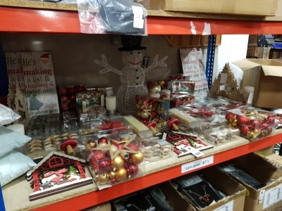 APPROX 60 PIECE ASSORTED BRAND NEW PREMIER CHRISTMAS LOT CONTAINING ACRYLIC LED SNOWMAN, VARIOUS STYLES OF SHATTERPROOF BAUBLES, CANDLES, GLASS CANDLE HOLDERS, CHRISTMAS WOODEN SIGNS, 36CM WOODEN LIT TREE CANDLE BRIDGE, ETC - ON ONE SHELF