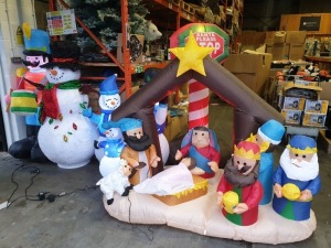 5 X BRAND NEW INFLATABLES CHRISTMAS LOT CONTAINING, 3 ILLUMINATING SNOWMEN, 1 ILLUMINATED DRUMMING SOLIDER, SANTA PLEASE STOP WITH FLASHING BEACON, LARGE NATIVITY SET AND RIGID INFLATABLE SNOWMAN WITH LIGHTS