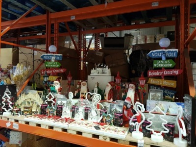 APPROX 90 PIECE ASSORTED BRAND NEW PREMIER CHRISTMAS LOT CONTAINING 100 MULTI ACTION PIN WIRE TIME LIGHTS, 43CM LIT WOODEN WHITE CHURCH, 46CM STANDING SANTA, VILLAGE SCENE SETS, LED CANVAS, 120CM METAL XMAS DIRECTIONS, SNOWGLOBE, VARIOUS SIGNS, NEON LIGHT