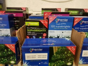 7 PIECE ASSORTED BRAND NEW PREMIER LIGHT LOT CONTAINING 1000 LED MULTI ACTION TREE BRIGHTS, 200 SUPABRIGHTS, SET OF 3 MULTI ACTION GLOBE PIN WIRE TIME LIGHTS, 120 LED 9.5M SUPERBRIGHTS, 360 SUPABRIGHTS WITH TIMER, 120 SUPABRIGHTS AND 480 MULTI ACTION CLUS