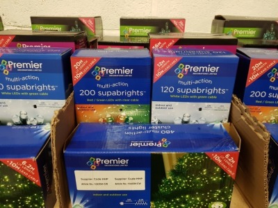 7 PIECE ASSORTED BRAND NEW PREMIER LIGHT LOT CONTAINING 1000 LED MULTI ACTION TREE BRIGHTS, 200 SUPABRIGHTS, SET OF 3 MULTI ACTION GLOBE PIN WIRE TIME LIGHTS, 120 LED 9.5M SUPERBRIGHTS, 360 SUPABRIGHTS WITH TIMER, 120 SUPABRIGHTS AND 480 MULTI ACTION CLUS