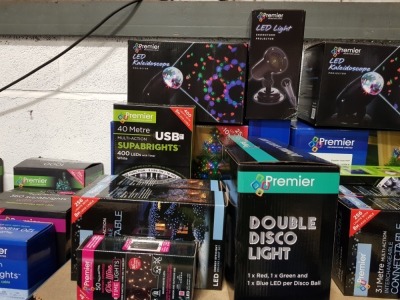 9 PIECE ASSORTED BRAND NEW PREMIER LIGHT LOT CONTAINING LED KALEIDOSCOPE, LED LIGHT SNOWSTORM PROJECTOR, 2000 MULTI ACTION MULTI COLOURED LED CLUSTERLIGHTS, 480 MULTI ACTION CLUSTER LIGHTS, DOUBLE DISCO LIGHT, 3.1M MULTI ACTION INTERCHANGEABLE CONNECTABLE