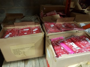 APPROX 350 PIECE RED BOOT TOPPERS WITH SNOWFLAKE DESIGN IN 5 BOXES