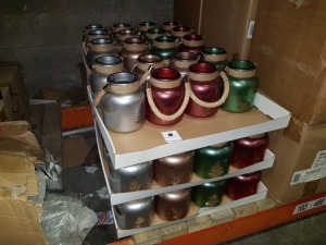 68 X BRAND NEW MULTI COLOURED MULTI PURPOSE GLASS JARS WITH ROPE HANDLE AND CHRISTMAS EMBLEM IN VARIOUS COLOURS