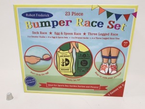 50 X BRAND NEW ROBERT FREDERICK 23 PIECE BUMPER RACE SET INCLUDING SACK RACE, EGG AND SPOON RACE AND THREE LEGGED RACE ETC IN 5 BOXES