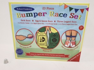 50 X BRAND NEW ROBERT FREDERICK 23 PIECE BUMPER RACE SET INCLUDING SACK RACE, EGG AND SPOON RACE AND THREE LEGGED RACE ETC IN 5 BOXES