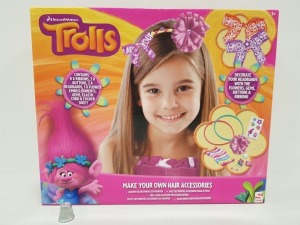 56 X TROLLS MAKE YOU OWN HAIR ACCESSORIES CONTAINS 8 RIBBONS, 3 BUTTONS, 2 HEADBANDS, 1 FLOWER EMBELLISHMENTS AND OTHER ACCESSORIES IN 7 BOXES