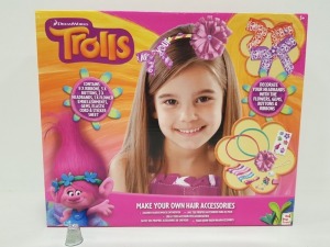 56 X TROLLS MAKE YOU OWN HAIR ACCESSORIES CONTAINS 8 RIBBONS, 3 BUTTONS, 2 HEADBANDS, 1 FLOWER EMBELLISHMENTS AND OTHER ACCESSORIES IN 7 BOXES