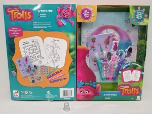 64 X TROLLS ACTIVITY PACK CONTAINING 60 PAGE ACTIVITY FOLDER, 4 MARKERS, 2 STICKER SHEETS AND GEMS IN 6 BOXES