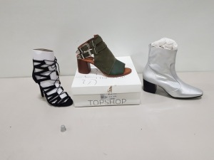 15 PIECE ASSORTED BRAND NEW TOPSHOP WOMENS SHOE LOT IN VARIOUS SIZES CONTAINING BLACK & SILVER HEELED BOOTS, BLACK STRAP HEELS, KHAKI NACHO OPEN TOE HEEL ETC. APPROX RRP £995.00