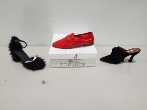 15 PIECE ASSORTED BRAND NEW TOPSHOP WOMENS SHOE LOT IN VARIOUS SIZES CONTAINING RED LOAFERS, BLACK BOW STYLED HEELS, JAZZY HAND HEELS, BEIGE OPEN TOE HEEL ETC APPROX RRP £916.00