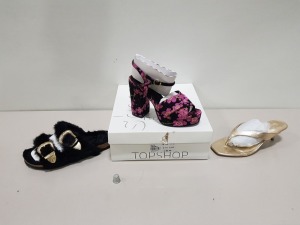 15 PIECE ASSORTED BRAND NEW TOPSHOP WOMENS SHOE LOT IN VARIOUS SIZES CONTAINING SANDALS, FLOWER PRINTED HEEL, LOW GOLD HEEL, SILVER LOAFER STYLED HEEL ETC APPROX RRP £654.00