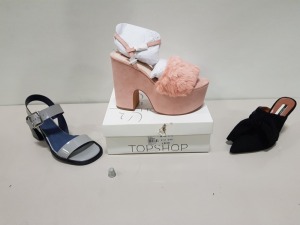 15 PIECE ASSORTED BRAND NEW TOPSHOP WOMENS SHOE LOT IN VARIOUS SIZES CONTAINING HIGH PINK SUEDE HEEL, BLACK BOW STYLED HEEL, GREY AND BLACK SANDAL STYLED HEEL ETC APPROX RRP £937.00