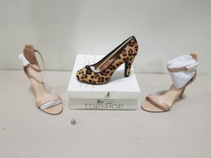 15 PIECE ASSORTED BRAND NEW TOPSHOP WOMENS SHOE LOT IN VARIOUS SIZES CONTAINING TAN GIRAFFE HEEL AND NUDE HEELS. APPROX RRP £578.00