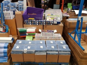 FULL PALLET CONTAINING LARGE QUANTITY OF EDUCATIONAL/STATIONERY EQUIPMENT IE STAEDTLER PENCIL CLASS PACK, EDDING WHITEBOARD MARKERS, EXERCISE BOOKS, EDUCATIONAL GAMES, BUILDING BLOCKS ETC