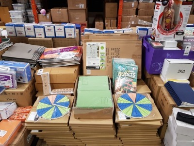 FULL PALLET CONTAINING LARGE QUANTITY OF EDUCATIONAL/STATIONERY EQUIPMENT IE SUPERIOR WALL STREET CUBICLE/PERSONAL FLEXIBLE ARRANGEMENT, LEARNING QUESTS BOOK, THE STANDARD ENGLISH SKELETON FLIPBOOK, EXERCISE BOOKS, NUMBER CHARTS, ETC