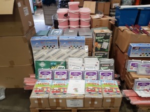 FULL PALLET CONTAINING LARGE QUANTITY OF EDUCATIONAL/STATIONERY EQUIPMENT IE EXERCISE BOOKS, NO NONSENSE NUMBER FRACTIONS, READING COMPREHENSION CASES, LEARNING QUESTS, MES COMBI BELL SET EXTENDED, LARGE PAPER, ETC