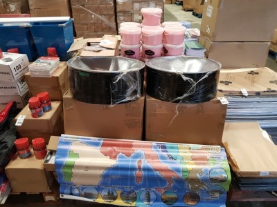 FULL PALLET CONTAINING EDUCATIONAL/STATIONERY EQUIPMENT IE STEELPAN DRUMS, EDUCATIONAL WORLD MAP, 2.5KG POWDER PAINT, TEACHING FRENCH ACROSS THE CURRICULUM IN THE PRIMARY CLASSROOM ETC