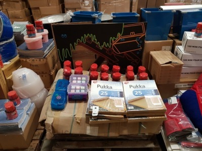 FULL PALLET CONTAINING LARGE QUANTITY OF EDUCATIONAL/STATIONERY EQUIPMENT IE FRENCH AND SPANISH STAMPER SIX PACK, BEROL HANDWRITING PEN, EXERCISE BOOKS, PUKKA BOARD BACK ENVELOPES, UK LANDMARKS MAP, SQUARE STEEL BIN ETC