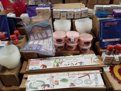 FULL PALLET CONTAINING LARGE QUANTITY OF EDUCATIONAL/STATIONERY EQUIPMENT IE IRON AGE, BRONZE AGE AND STONE AGE EDUCATIONAL TIMELINES, 2.5KG POWDER PAINT, TTS FIRST MARKERS, EXERCISE BOOKS, OUT DOOT NUMBER ACTIVITY KIT, 4LITRE MIXING BOWL ETC