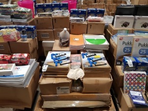 FULL PALLET CONTAINING LARGE QUANTITY OF EDUCATIONAL/STATIONERY EQUIPMENT IE PUKKA POST BOARD BACK PEEL & SEAL (394 X 318), EXERCISE BOOKS, SELLOTAPE CLEVER TAPE, SMALL HAND SAW, CLOCK ETC