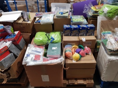 FULL PALLET CONTAINING LARGE QUANTITY OF EDUCATIONAL/STATIONERY EQUIPMENT IE SELLOTAPE CLEVER TAPE, EXERCISE BOOKS, FRENCH BUNTING, 7 VOWEL SPELLING BOARD GAMES, NUMBER COUNTS SEQUENCE AND ORDER BOOKS, SMALL SPORTS BALL, SWITCH ONLINE LEARNING JOURNEY WIT