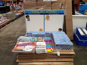 FULL PALLET CONTAINING LARGE QUANTITY OF EDUCATIONAL/STATIONERY EQUIPMENT IE SCHOOL ENQUIRY BOARD, MES COMBI BELL SET-EXTENDED, THE STANDARD ENGLISH SKELETON FLIPBOOK, LEARNING QUESTS BOOK, GUIDED READING BOOK 5, FACT OR OPINION VOLUME II ETC