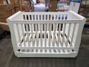 BRAND NEW MOTHERCARE HIGH GLOSS WHITE SLEIGH COT BED WITH STORAGE DRAWER - (KB488) - RRP £299 - IN 2 BOXES