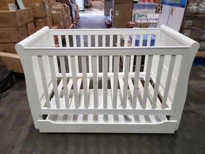 BRAND NEW MOTHERCARE HIGH GLOSS WHITE SLEIGH COT BED WITH STORAGE DRAWER - (KB488) - RRP £299 - IN 2 BOXES