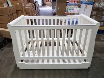 BRAND NEW MOTHERCARE HIGH GLOSS WHITE SLEIGH COT BED WITH STORAGE DRAWER - (KB488) - RRP £299 - IN 2 BOXES