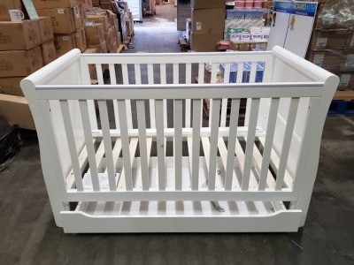 BRAND NEW MOTHERCARE HIGH GLOSS WHITE SLEIGH COT BED WITH STORAGE DRAWER - (KB488) - RRP £299 - IN 2 BOXES