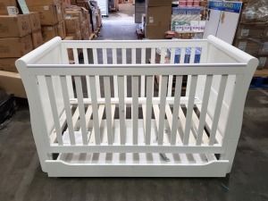 BRAND NEW MOTHERCARE HIGH GLOSS WHITE SLEIGH COT BED WITH STORAGE DRAWER - (KB488) - RRP £299 - IN 2 BOXES