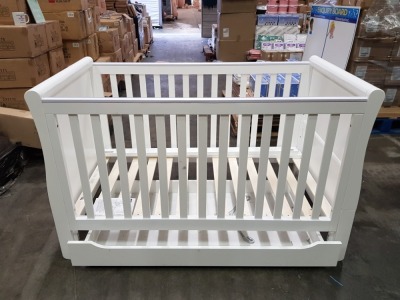 BRAND NEW MOTHERCARE HIGH GLOSS WHITE SLEIGH COT BED WITH STORAGE DRAWER - (KB488) - RRP £299 - IN 2 BOXES