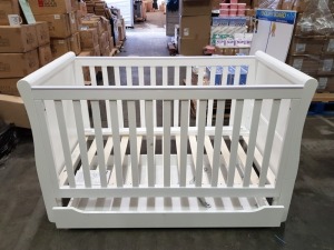 BRAND NEW MOTHERCARE HIGH GLOSS WHITE SLEIGH COT BED WITH STORAGE DRAWER - (KB488) - RRP £299 - IN 2 BOXES