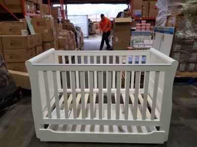 BRAND NEW MOTHERCARE HIGH GLOSS WHITE SLEIGH COT BED WITH STORAGE DRAWER - (KB488) - RRP £299 - IN 2 BOXES