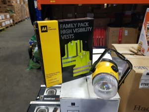 30 PIECE ASSORTED LOT CONTAINING 24 X AA CAR ESSENTIALS FAMILY PACK HIGH VISIBILITY VESTS ( 2 X ADULT AND 2 X CHILDREN) AND 6 X BRAND NEW YELLOWSTONE LARGE KRYPTON FOCUS BEAM LANTERNS