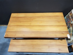 1 X SOLID WOODEN PICNIC TABLE WITH METAL LEGS AND TWO ACCOMPANYING BENCHES