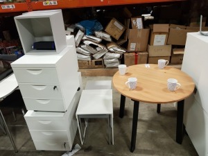 MISC LOT OF 9 ITEMS TO INCLUDE - ROUND TABLE, 4 X METAL PEDESTAL, 2 X METAL SIDETABLE'S, 2 X WALL SHELF UNITS