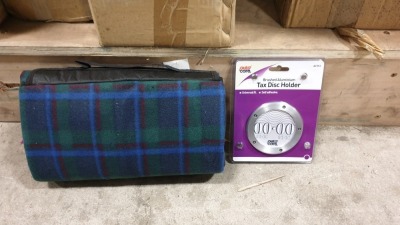 200 PIECE MIXED CAR LOT CONTAINING AUTO CARE BRUSH ALUMINIUM TAX DISC HOLDER AND AUTOCARE GREEN TARTAN PICNIC RUGS