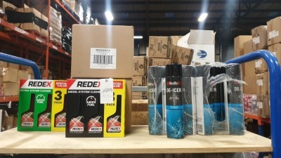 LOT CONTAINING 4 X 3 PACK REDEX PETROL SYSTEM CLEANER, X 14 X3 PACK OF REDEX DIESEL SYSTEM CLEANER AND 24 X HOLTS DE-ICERS