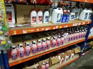 200+ PIECE MIXED CAR LOT CONTAINING AUTOCHEM ANTI FREEZE AND COOLANT IN 1L & 5L, HEAD GASKET, CRAPLAN DE-ICER, AND A FULL SHELF OF BLUECOL 3 IN 1 DE-ICER, GLASS CLEANER, RAIN REPPELENT WITH -36 PROTECTION ETC.