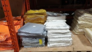 APPROX 35 X TABLE COVERS IN WHITE AND GREY AND 110 X YELLOW CHAIR COVERS