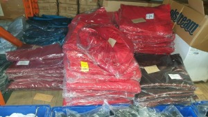APPROX 200 X RED CHAIR COVERS AND 30 X TABLE COVERS IN BLUE, PURPLE AND TURQOISE